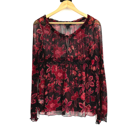 VTG Express 100% Silk Top Medium Babydoll Fairygrunge Sheer Dark Floral Whimsy - Picture 1 of 9